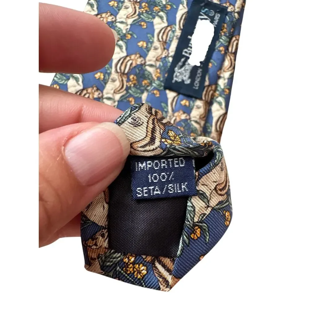 Vintage Burberrys Silk Necktie Blue Chipmunk Novelty Print Tie